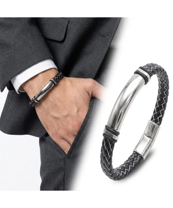 Moncuk Design İsim Yazılabilir Siyah Beyaz Deri Ve Beyaz Titanyum Kilit Bileklik 33513B15D10
