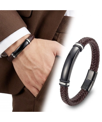 Moncuk Design İsim Yazılabilir Kahverengi Deri Ve Siyah Titanyum Kilit Bileklik 33513B15D11