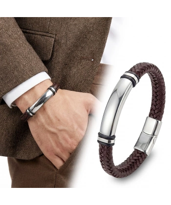 Moncuk Design İsim Yazılabilir Kahverengi Deri Ve Bayaz Titanyum Kilit Bileklik 33513B15D12