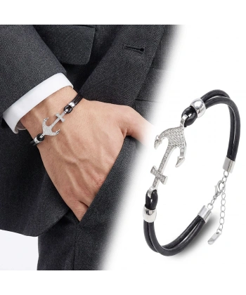 Moncuk Design Zirkon Taşlı Çelik Çapa Detaylı Ayarlanabilir Deri Erkek Bileklik 33514B27D1