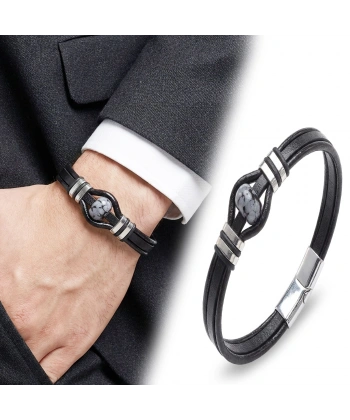 Moncuk Design Snowy Obsidian Rondela Doğaltaş Ve Deri Çelik Bileklik 33512B14D8