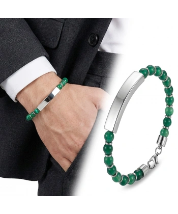 Moncuk Design Yeşil Akik Beyaz İsim Yazılabilir Ve Ayarlanabilir Çelik Zincir Bileklik 33512B29D12
