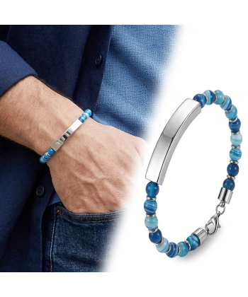 Moncuk Design Mavi Akik Beyaz İsim Yazılabilir Ve Ayarlanabilir Çelik Zincir Bileklik 33512B29D14