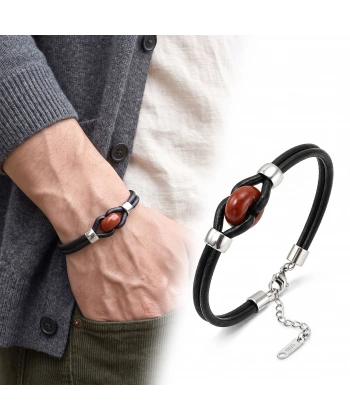 Moncuk Design Kırmızı Jasper Doğal Taşlı Çelik Ayarlanabilir Deri Erkek Bileklik 33512B14D12