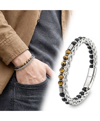 Moncuk Design Çelik Zincirli Kaplan Gözü Ve Mat Oniks-Hematit Bileklik 33512B21D10