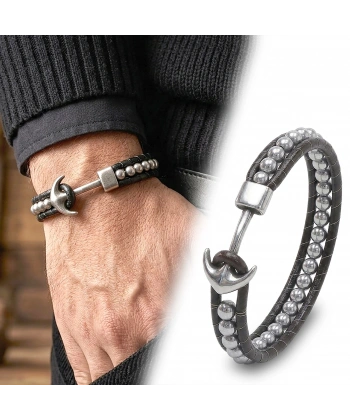 Moncuk Design Çelik Çapa Hematit Doğal Taş Orijinal Deri Örgü Erkek Bileklik 33512B27D1