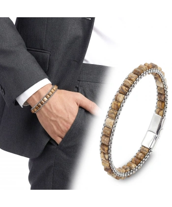 Moncuk Design  Odun Jasper Doğal Taşlı Hasır Örgü Zincirli Erkek Çelik Bileklik 33512B28D13