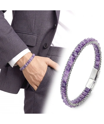 Moncuk Design  Ametist Doğal Taşlı Hasır Örgü Zincirli Erkek Çelik Bileklik 33512B28D16