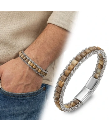 Moncuk Design Odun Jasper Doğal Taşlı Hasır Örgü Zincirli Erkek Çelik Bileklik 33512B28D3