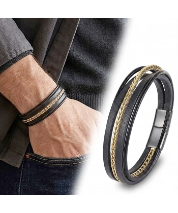Moncuk Design Gold Çelik Zincir Detaylı Çoklu Deri Erkek Çelik Bileklik 33514B18D1