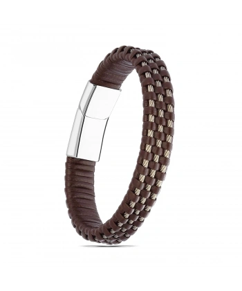 Moncuk Design Kahve Deri Burma Örgü Çelik Halat Bileklik 33514B1D3-3