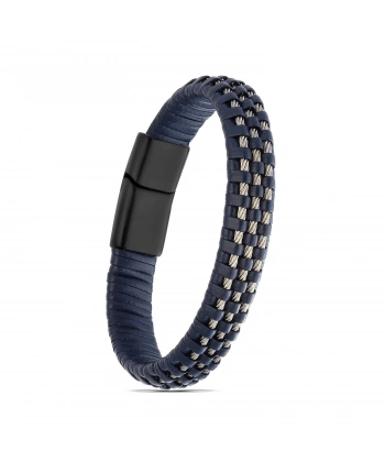 Moncuk Design Lacivert Deri Burma Örgü Çelik Halat Bileklik 33514B1D3-4
