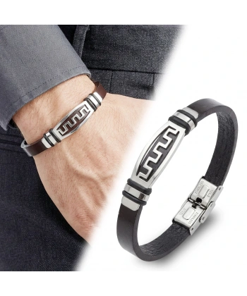 Moncuk Design Motifli Ayarlanabilir Kordonlu Erkek Deri Ve Çelik Bileklik 33514B23DD4