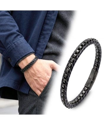 Moncuk Design Siyah Çelik Zincir Örgülü Ve Deri Erkek Bileklik 33514B24D3