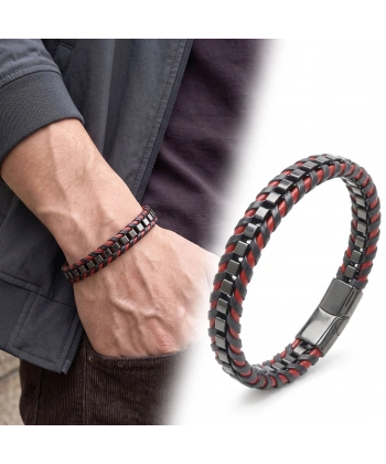Moncuk Design Kırmızı Siyah Biyeli Deri Örgü ve Arnavut Çelik Zincir Erkek Bileklik 33514B25D2