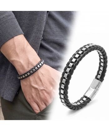 Moncuk Design Beyaz Siyah Biyeli Deri Örgü ve Arnavut Çelik Zincir Bileklik 33514B25D3