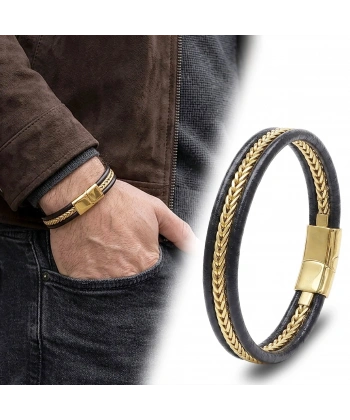Moncuk Design Altın Renk Balıksırtı Çelik Zincir Orijinal Deri Erkek Bileklik 33516B1D1