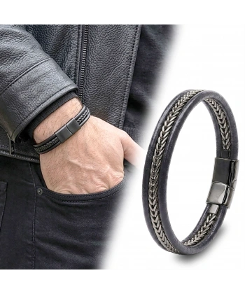 Moncuk Design Siyah Renk Balıksırtı Çelik Zincir Orijinal Deri Erkek Bileklik 33516B1D2