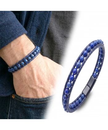 Moncuk Design 6Mm Lapis Taşlı Deri Kordon Ve Çelik Bileklik 33512B2D6M14
