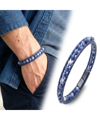 Moncuk Design 6Mm Mavi Damarlı Akik Taşlı Deri Kordon Ve Çelik Bileklik 33512B2D6M9