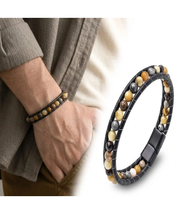 Moncuk Design 6Mm Yemen Akik Deri Kordon Ve Çelik Bileklik 33512B2D6M19