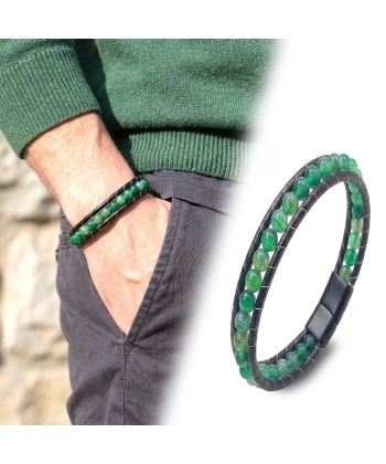 Moncuk Design 6Mm Yeşil Akik Taşlı Deri Kordon Ve Çelik Bileklik 33512B2D6M6