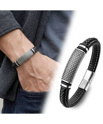 Moncuk Design Diamond Grid Desenli Çelik Kilitli Siyah Deri Erkek Bileklik 33511B8D5