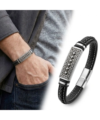Moncuk Design Greek Key Desenli Çelik Kilitli Siyah Deri Erkek Bileklik 33511B8D2