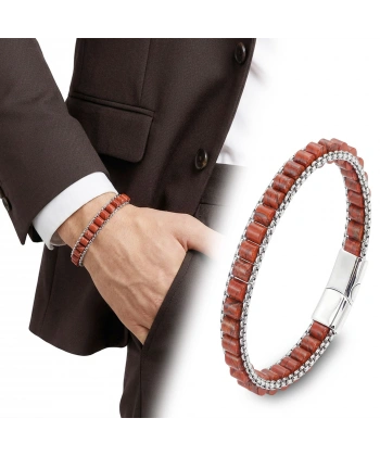 Moncuk Design  Kırmızı Jasper Doğal Taşlı Hasır Örgü Zincirli Erkek Çelik Bileklik 33512B28D18