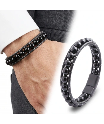 Moncuk Design Parlak Oniks Taşı Örmeli Deri Bileklik 33512B2D8M25