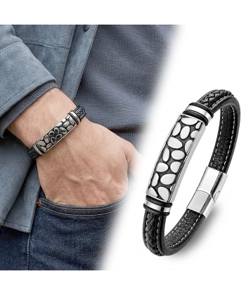 Moncuk Design River Stone Motifli Çelik Kilitli Siyah Deri Erkek Bileklik 33511B8D4
