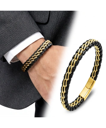 Moncuk Design Sarı Çift Zincir Çelik Ve Deri Bileklik 33514B2D4