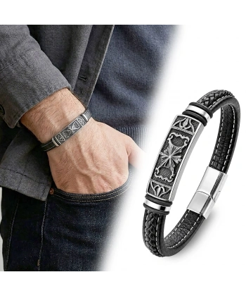 Moncuk Design Şövalye Arması Motifli Çelik Kilitli Siyah Deri Erkek Bileklik 33511B8D3
