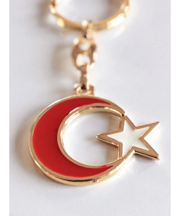 Sarı Metal Kırmızı Ay Beyaz Yıldız Figürlü Anahtarlık