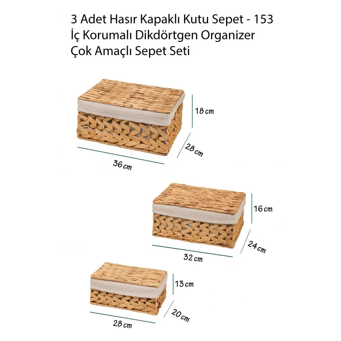 3 Adet Hasır Kapaklı Kutu Sepet - 153