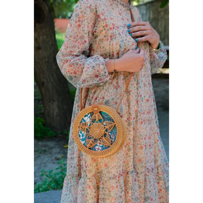 Melisa - Rattan El Yapımı Deri Askı Detaylı Hasır Yuvarlak Omuz Çantası