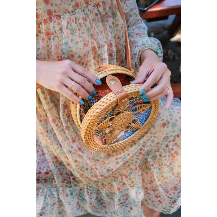 Melisa - Rattan El Yapımı Deri Askı Detaylı Hasır Yuvarlak Omuz Çantası