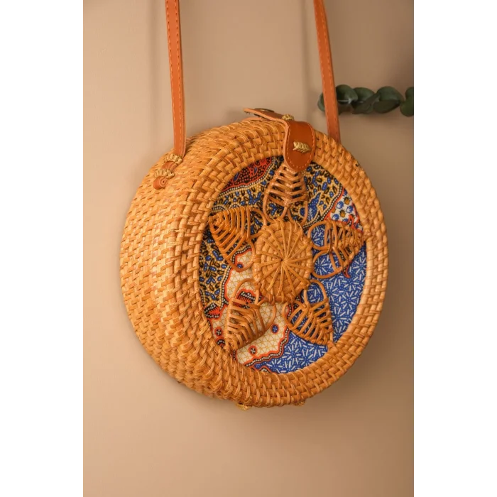 Melisa - Rattan El Yapımı Deri Askı Detaylı Hasır Yuvarlak Omuz Çantası