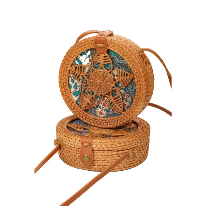 Melisa - Rattan El Yapımı Deri Askı Detaylı Hasır Yuvarlak Omuz Çantası