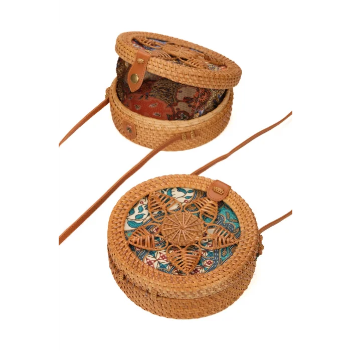 Melisa - Rattan El Yapımı Deri Askı Detaylı Hasır Yuvarlak Omuz Çantası