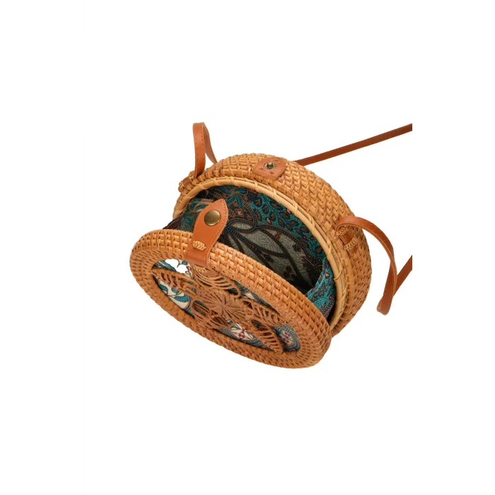 Melisa - Rattan El Yapımı Deri Askı Detaylı Hasır Yuvarlak Omuz Çantası