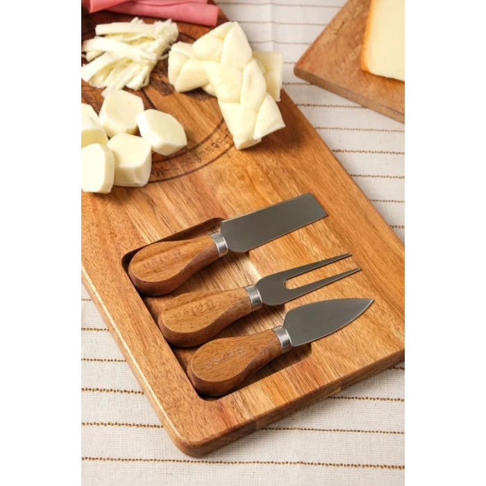 Mio - Akasya 4 Parça Peynir Sunum Tahtası Seti 3 Bıçaklı