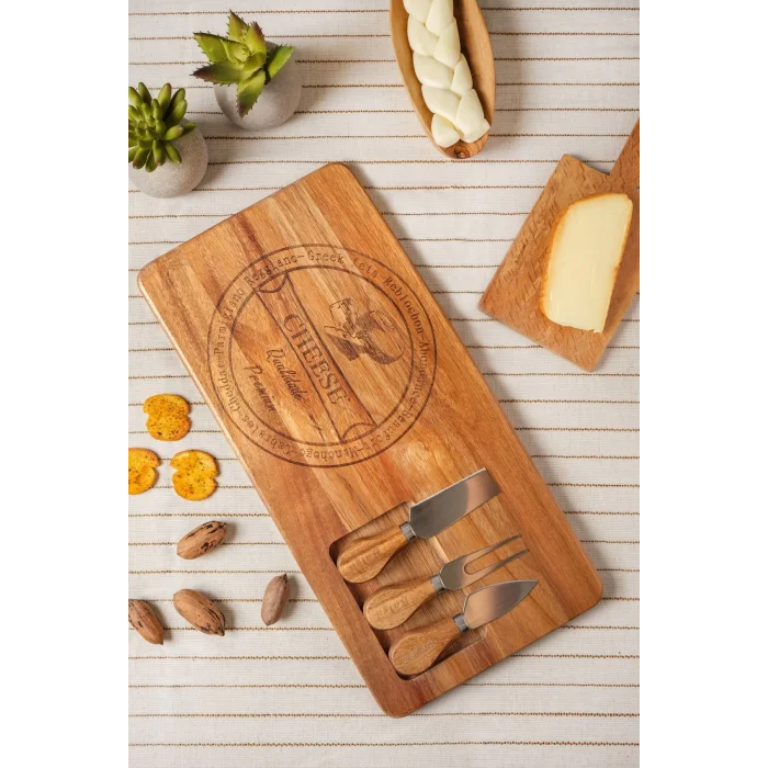 Mio - Akasya 4 Parça Peynir Sunum Tahtası Seti 3 Bıçaklı