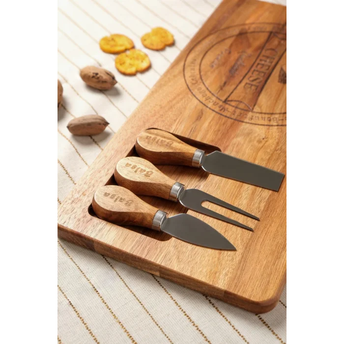 Mio - Akasya 4 Parça Peynir Sunum Tahtası Seti 3 Bıçaklı