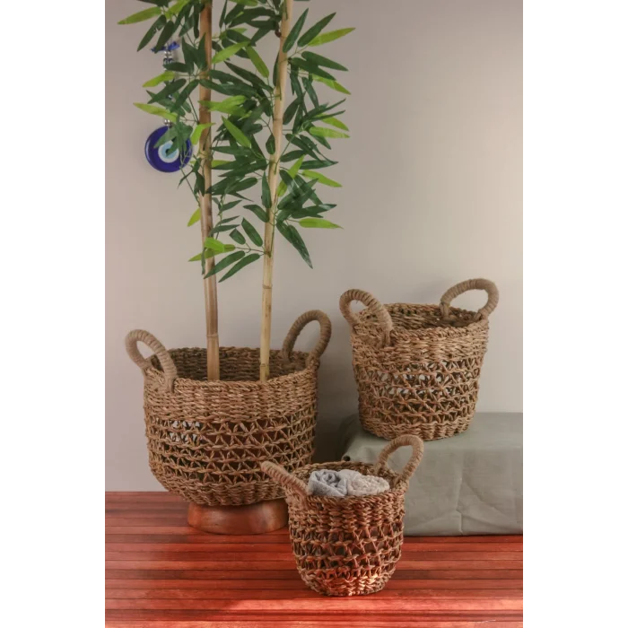Stela - Dekoratif Doğal El Örmesi Kulplu Hasır 3 Lü Saksı Sepet Seti 32 Cm