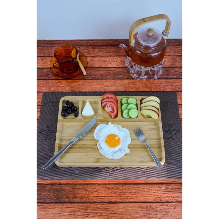 Mina - Bambu Sunum Ve Kahvaltı Tabağı, Steak Sunum Tabağı Büyük Boy Bambu Tabak 6 Bölmeli 32 x 24 cm