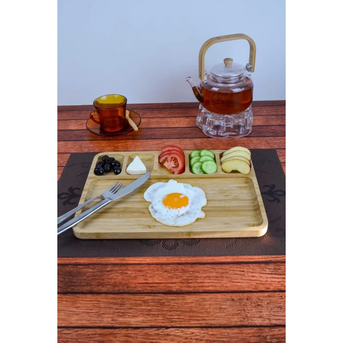 Mina - Bambu Sunum Ve Kahvaltı Tabağı, Steak Sunum Tabağı Büyük Boy Bambu Tabak 6 Bölmeli 32 x 24 cm
