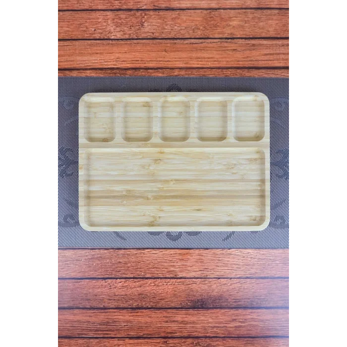 Mina - Bambu Sunum Ve Kahvaltı Tabağı, Steak Sunum Tabağı Büyük Boy Bambu Tabak 6 Bölmeli 32 x 24 cm