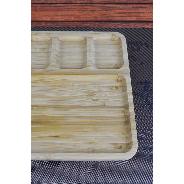 Mina - Bambu Sunum Ve Kahvaltı Tabağı, Steak Sunum Tabağı Büyük Boy Bambu Tabak 6 Bölmeli 32 x 24 cm