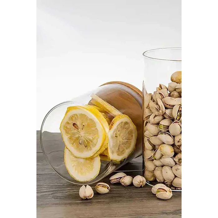 Donna - 3 Adet Bambu Vakum Kapaklı Borosilikat Cam Saklama Kabı 16 x 8,5 cm, Baharatlık 750 ml